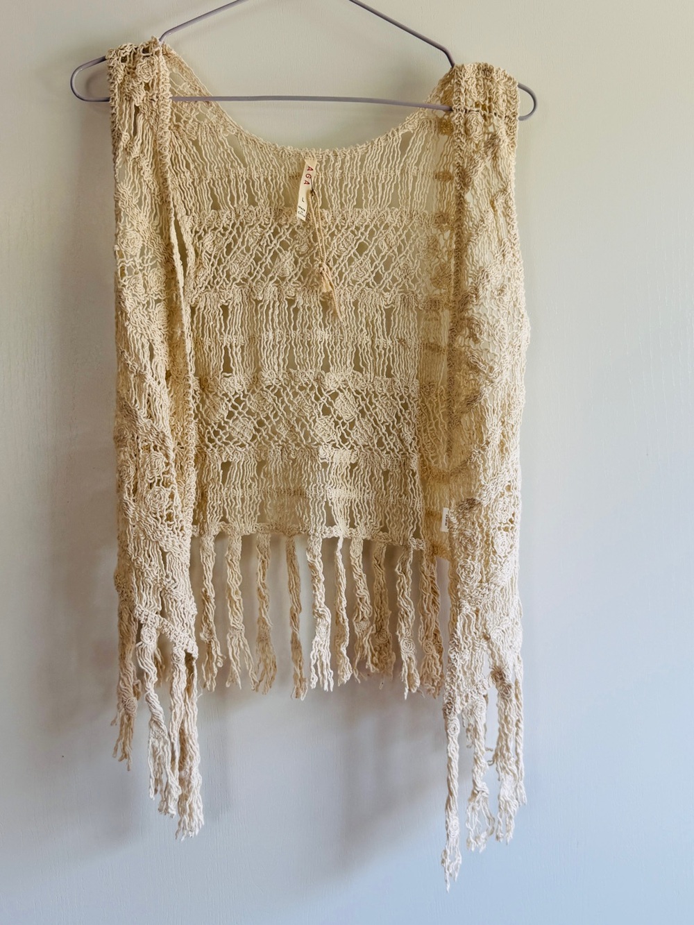 RAGA Crochet Fringe Sleeveless Vest in Cream
